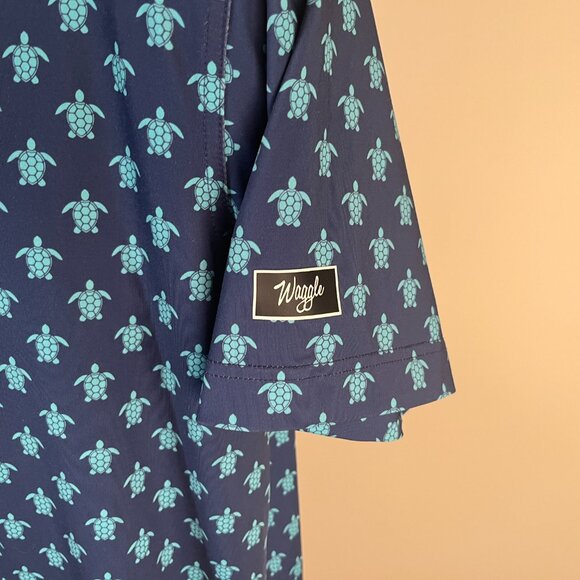 Waggle Men's blue w/ teal turtles all over performance golf polo shirt Large L - Picture 3 of 5